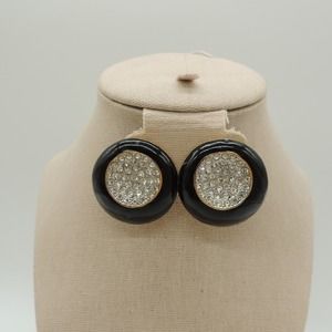 Vintage Essex 80s Large Round Goldtone Black Enamel Rhinestone Clip on Earrings